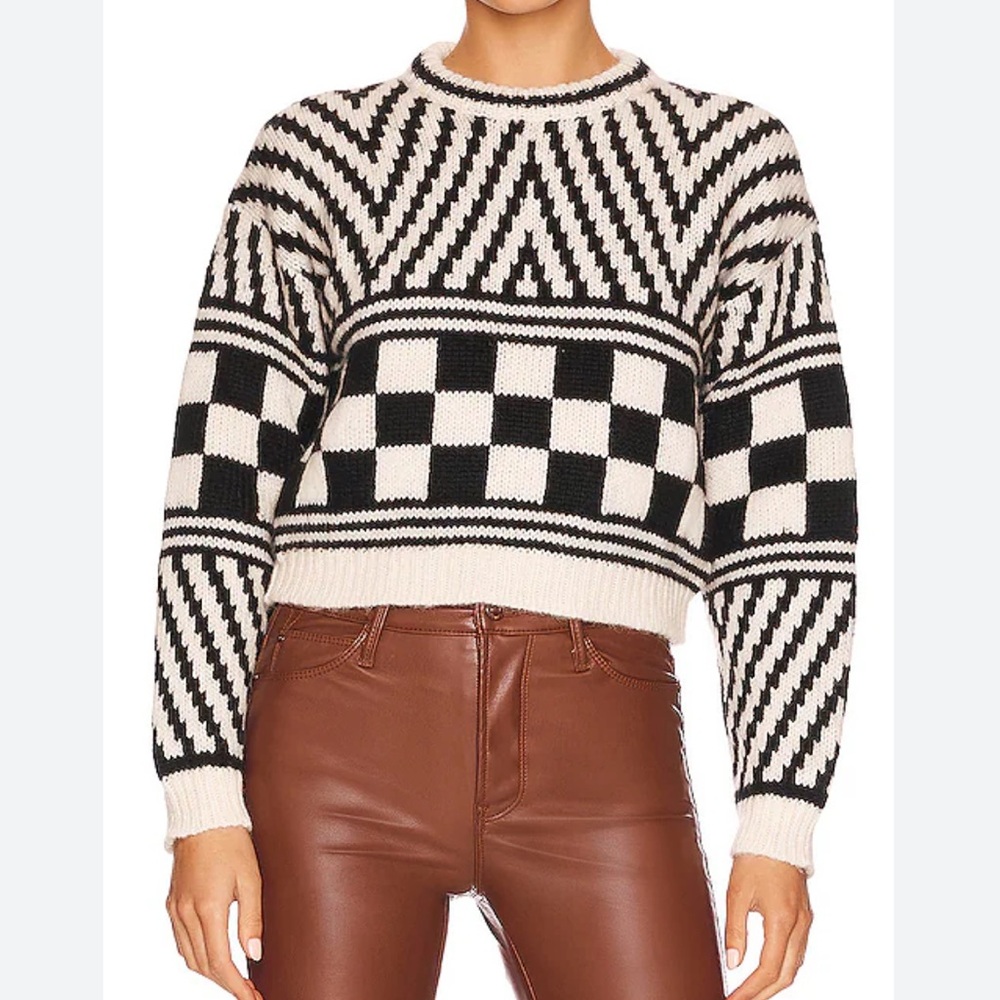 MOTHER Itsy Crop Jumper in Black & Cream Checkerboard Print